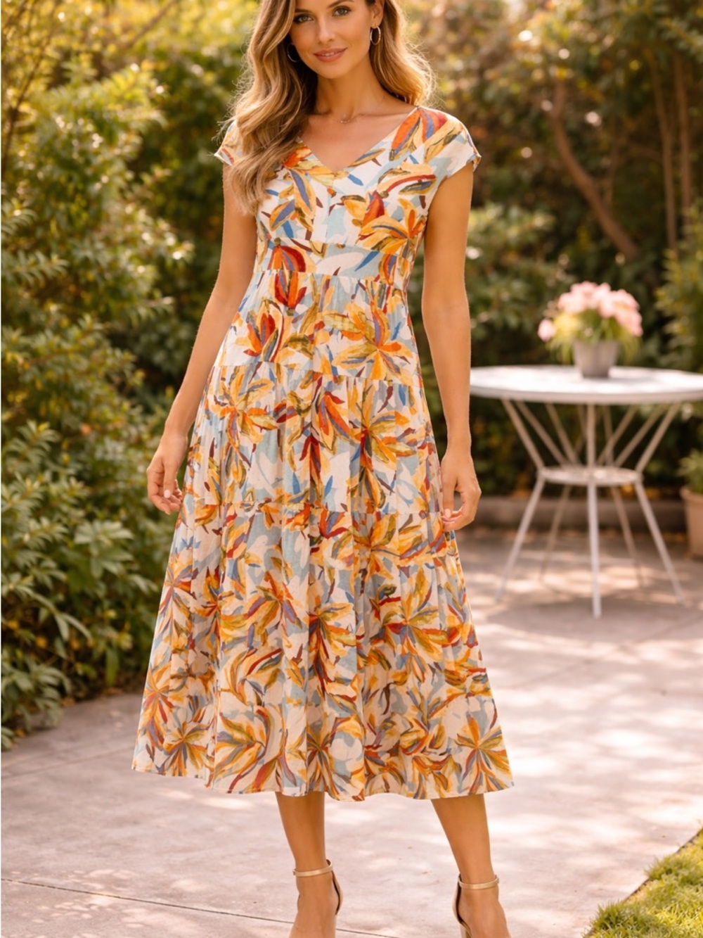 Alexia Admor V-Neck Tiered Maxi Dress Tropical Size 12